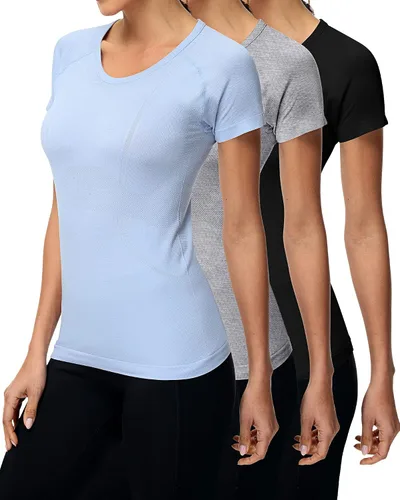 Vista 2 de Locoowai 3 piezas de camisetas de entrenamiento para mujer, camisetas de entrenamiento de manga corta sin costuras, camisetas de entrenamiento