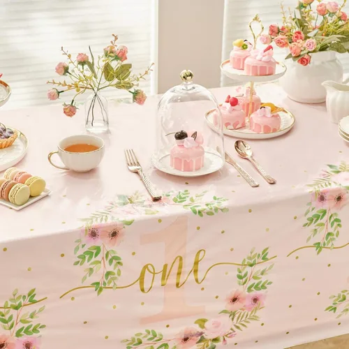 Vista 2 de Paquete de 3 manteles florales de plástico para suministros de fiesta de primer cumpleaños de bebé niña (54 x 108 pulgadas)