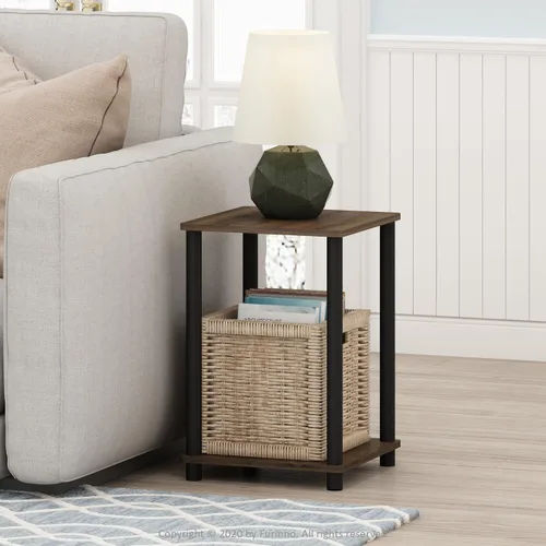 Vista 17 de Furinno Claude Mesa Auxiliar, Mesa Lateral de Mediados de Siglo con Estación de Carga, Mesita de Noche con Patas de Madera, Mesa de Cabecera