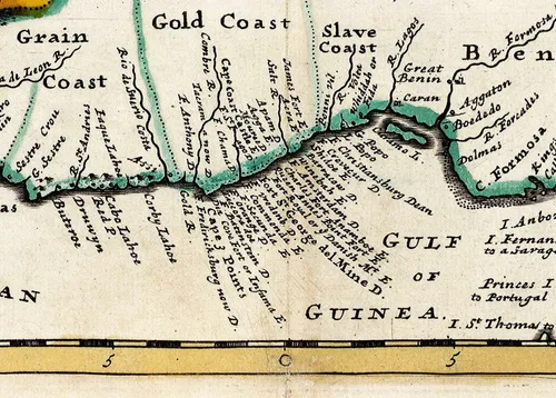 Vista 8 de 1736 Mapa de Negroland y Guinea, con los asentamientos europeos, explicando lo que pertenece a Inglaterra, Holanda, Dinamarca