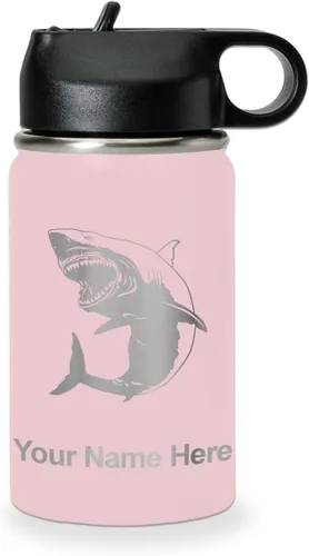 Vista 78 de LaserGram Botella de agua personalizada, gran tiburón blanco, acero inoxidable de doble pared aislada al vacío con popote superior, regalo grabado