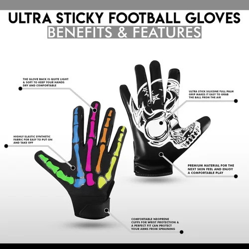 Vista 5 de Glorious Traders Youth Football Gloves American Wide Receiver Football Gloves for Adult Men Women & Boys with Super Sticky Silicone Grip Palms