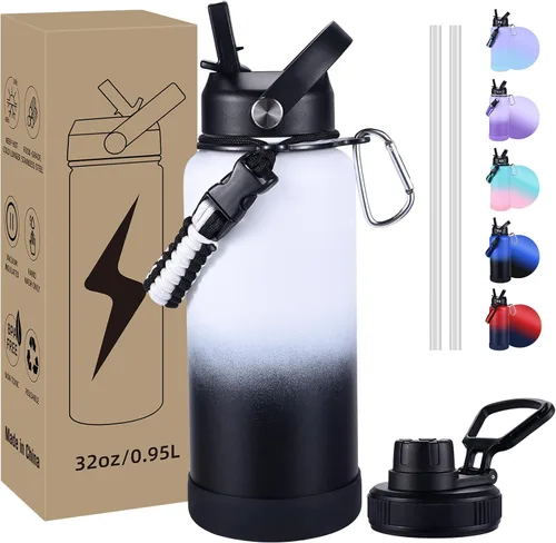 Vista 15 de Botella de Agua Aislada, botellas de agua de boca ancha de acero inoxidable de 32 onzas con 2 tapas a prueba de fugas y mango de paracord, botella