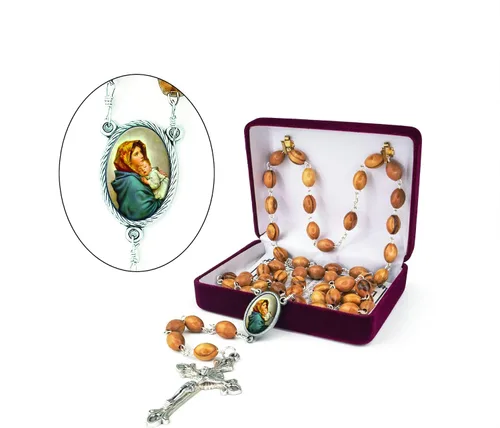 Vista 2 de TREE OF LIFE REV. 2214 Collar de rosario católico de madera de Israel, cuentas de rosario de madera de olivo con retrato de icono y colgante de cruz