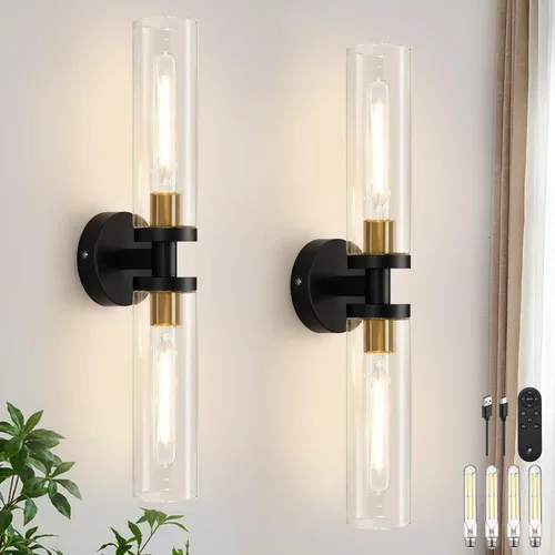 Vista 20 de Indoi Apliques de pared de níquel cepillado, apliques de baño cableados con vidrio transparente, modernos accesorios de tocador de baño para espejo