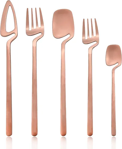 Vista 15 de Juego de cubiertos dorados mate, 20 piezas de cubiertos de acero inoxidable 304 colgantes para 4, juego de utensilios de cocina con acabado Oro