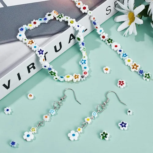 Vista 5 de OLYCRAFT Alrededor de 208 ~ 222 cuentas de vidrio Millefiori Lampwork hechas a mano, 3 estilos, cuentas de flores de vidrio blanco, cuentas