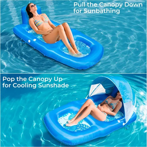 Vista 9 de Fabric Covered Inflatable Pool Lounger Float Adult, 70"x39" Extra Large Pool Float w/ UPF50+ Sunshade Canopy & Cupholder Caddy, Water Floaties Raft