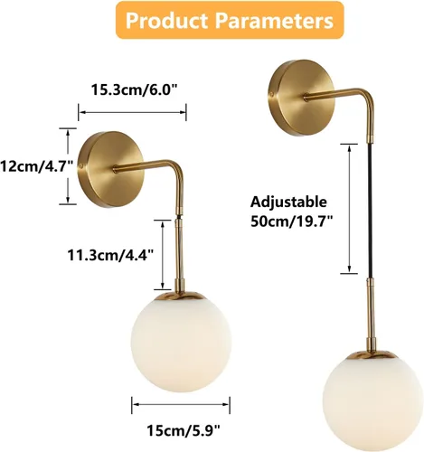 Vista 2 de KCO Lighting Juego de dos apliques de pared de vidrio blanco esmerilado con globo esférico dorado de latón, luz de pared con cable ajustable