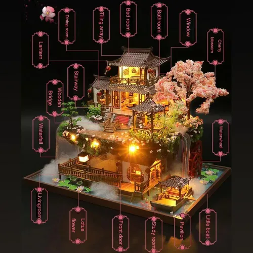 Vista 2 de Yuzhen Casa de muñecas en miniatura con muebles y luces LED, casa de muñecas grande de madera de estilo antiguo incluye cubierta de polvo