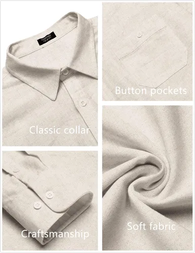 Vista 5 de COOFANDY Camisa casual de lino de manga larga con botones para hombre
