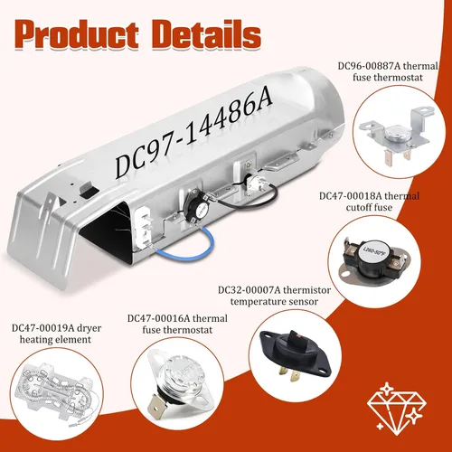 Vista 2 de DC97-14486A Reemplazo del elemento calefactor para secadora Samsung dv40j3000ew/a2 dv45h7000ew/a2 dv42h5000ew/a3 dv42h5200ep/a3 dv42h5200ew/a3
