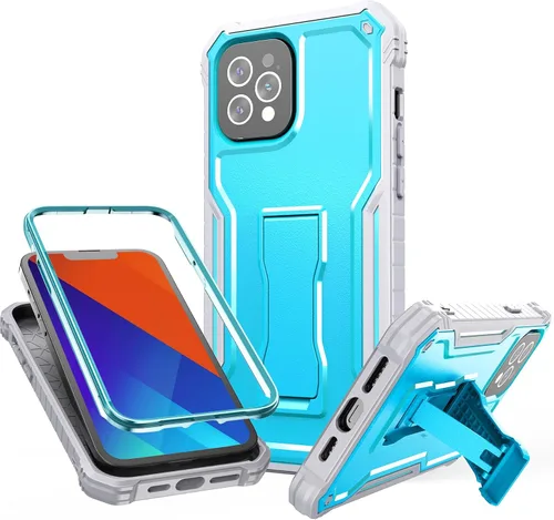 Vista 8 de FITO Funda para Apple iPhone 13, doble capa a prueba de golpes resistente con protector de pantalla de vidrio templado y soporte integrado (verde)