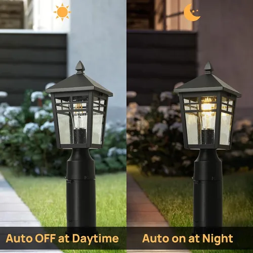 Vista 3 de Lámpara de poste para exteriores del atardecer al amanecer con salida GFCI, moderna iluminación de poste de aluminio impermeable, linterna de poste