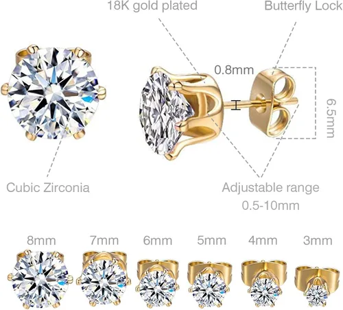 Vista 2 de GEMSME 18K YellowWhite Gold Plated Round Cubic Zirconia Stud Earrings Pack of 6