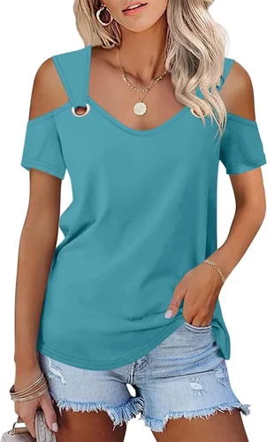 Vista 17 de Minetom - Camisetas básicas de verano para mujer, de manga corta, con hombros descubiertos y cuello en V
