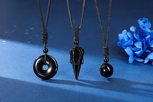 Vista 2 de Jovivi Juego de 3 collares de piedra de cristal curativo para hombres y mujeres, amatista natural, obsidiana negra, ojo de tigre, piedras preciosas