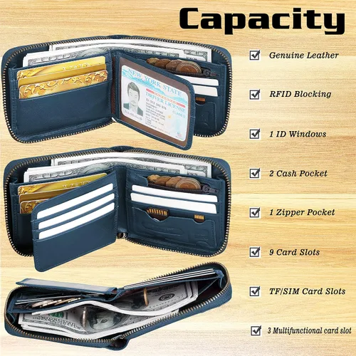 Vista 27 de Admetus Billeteras con bloqueo RFID para hombre, billetera de cuero con cremallera para hombres con tarjetero RFID plegable