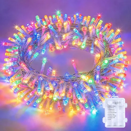 Vista 12 de LAMPHOME Luces de Navidad multicolor que funcionan con pilas, 34.1 pies, 100 luces LED impermeables de cadena para árbol de Navidad con 8 modos