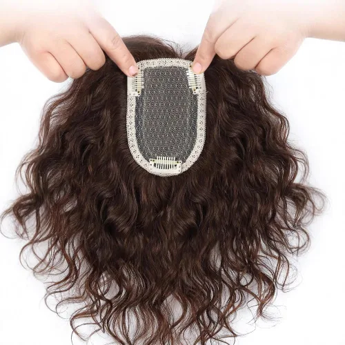 Vista 3 de Clip en Toppers - Peluca de cabello sintético rizado para mujer, cabello fino (marrón oscuro, 9.8 in)
