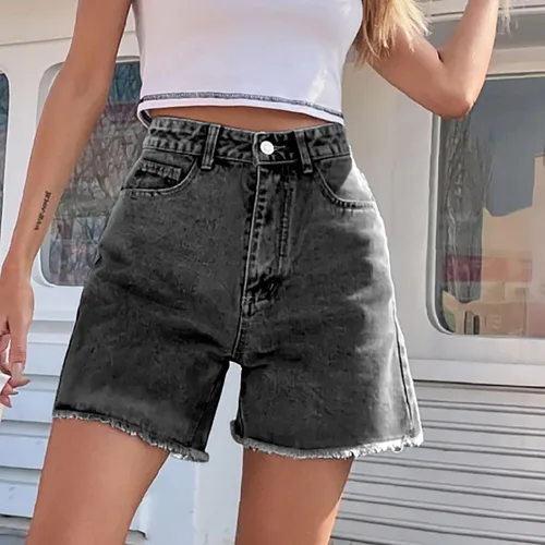Vista 2 de PANOEGSN Pantalones cortos de mezclilla casuales para mujer, pantalones cortos de mezclilla de cintura alta para verano, pierna recta, dobladillo