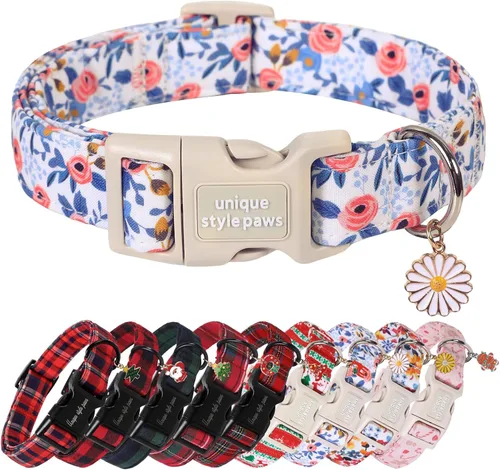 Vista 24 de Collar de perro de Navidad de Unique Style Paws con hebilla de plástico y colgante, a cuadros rojo y negro, collares de algodón para cachorros