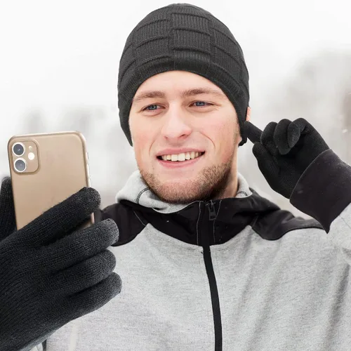 Vista 6 de Honoson El juego de gorros Bluetooth incluye 2 gorros inalámbricos con Bluetooth, guantes para pantalla táctil (negro, clásico)