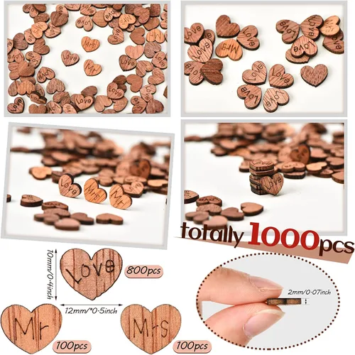 Vista 2 de Blulu 1000 piezas de confeti de corazón de madera pequeño para manualidades, mesa de boda rústica, centros de mesa de amor, decoración de tartas