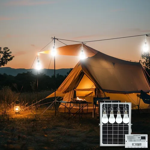 Vista 5 de Lámparas colgantes para interior y exterior con energía solar con 4 bombillas LED, cada una con un cable de 5m, impermeables, batería de 6000mAh