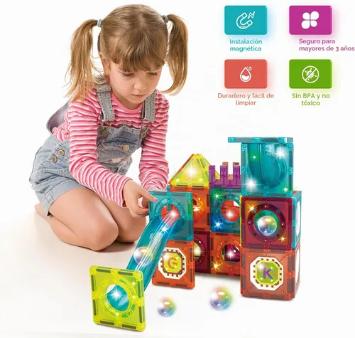 Vista 7 de Contixo Juguetes de construcción STEM – Juego de 65 piezas de azulejos magnéticos de mármol 3D para aprendizaje, apilables, juego de bloques