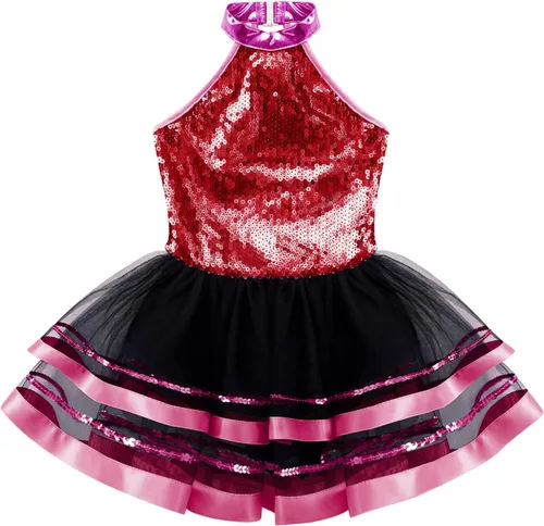 Vista 3 de CHICTRY Vestido tutú de ballet con lentejuelas brillantes para niñas y niñas, moderno disfraz de baile latino de jazz
