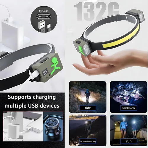 Vista 6 de Linterna frontal LED recargable, sensor de movimiento de 230°, faros delanteros para frente, luz de casco duro para adultos, linterna LED