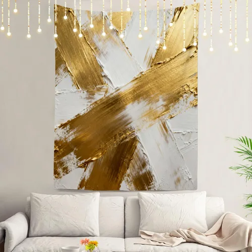 Vista 15 de Shrahala Retro Paint Abstract Tapestry, White Gold Oil Painted Work Rustic Wall Hanging Hd Print Polyester Backdrop For Dorm Room Bedroom 30 X 40 In