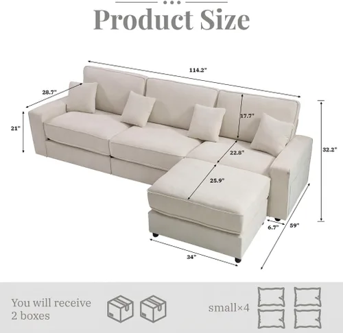 Vista 2 de Opoair - Sofá modular de gran tamaño de 114 pulgadas, sofá en forma de L con otomana móvil, cómodos sofás de nube de 4 asientos con asiento Beige