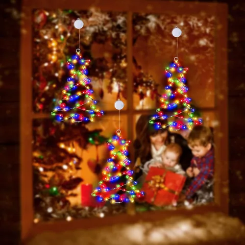 Vista 5 de 2 piezas de luces de ventana de Navidad, luces de árbol de Navidad con batería, luces de ventana de Navidad con marco de metal, decoraciones