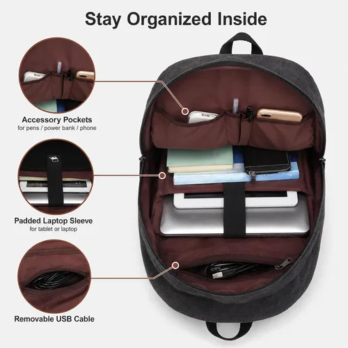 Vista 5 de Mochila de lona para laptop, mochila escolar impermeable con carga USB, 17.32in X 12.6in X 6.0in, Mochilas Daypack