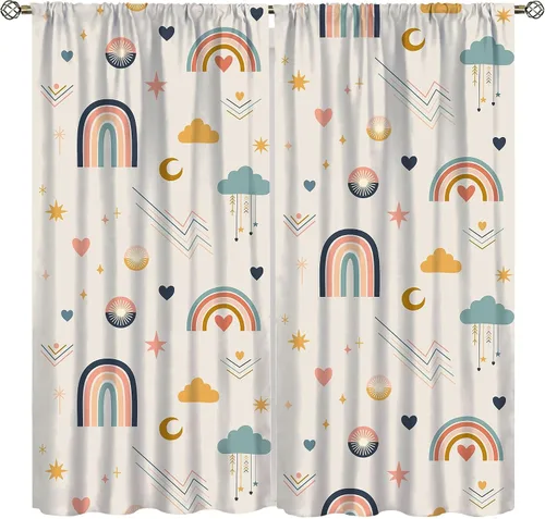 Vista 9 de Cortinas bohemias con diseño de arco iris, hermoso diseño de estrellas de durazno marrón y arcoíris, para dormitorio de niños y niñas, sala