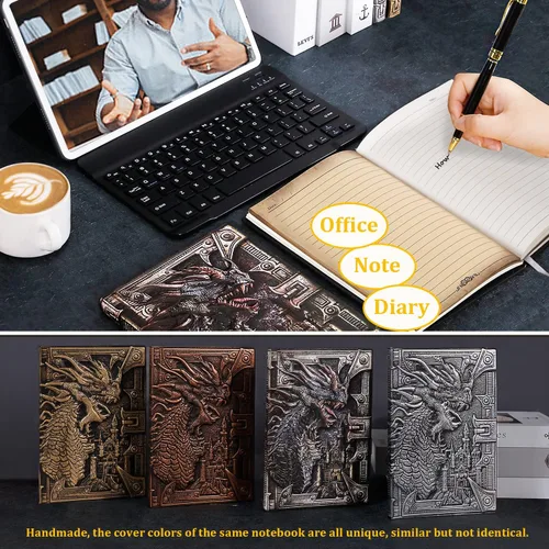 Vista 3 de Cuaderno vintage de cuero con relieve de dragón DND, cuaderno de viaje con bolígrafo negro y funda para bolígrafo. Diario A5 antiguo hecho a mano
