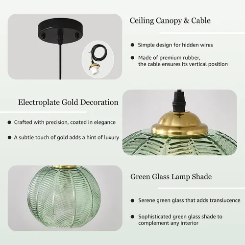 Vista 4 de Lámpara Colgante de Cristal Verde, Iluminación Colgante de Globo Grande Individual de 9.8 Pulgadas Nórdica Acanalada para Techo Colgante, Lámpara