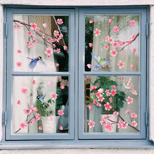 Vista 12 de Adhesivos estáticos para ventana, diseño de flores de primavera, pájaros y mariposas, reutilizables, para bricolaje, ramas de árboles, doble cara