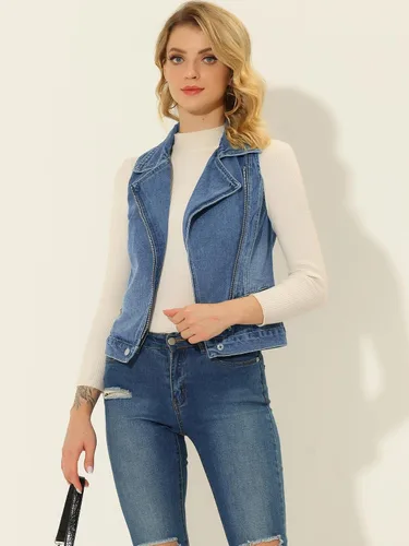 Vista 2 de Allegra K Chaqueta de moto sin mangas con cremallera para mujer, chaleco de mezclilla clásico