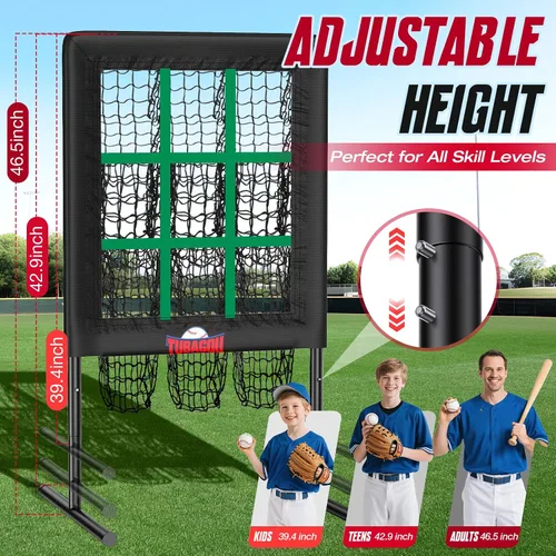 Vista 2 de Red de lanzamiento de béisbol de 9 agujeros con bolsillos para lanzar objetivo Baseball and Softball Pitching Net, Protable and Adjustable Pitcher