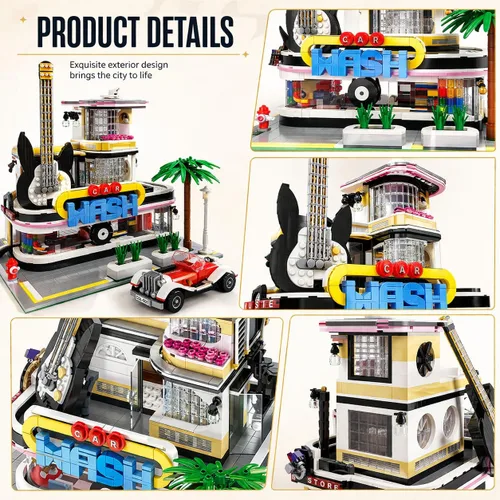 Vista 6 de General Jim's Tienda de música y lavado de autos Street View Modular City Building Block Set, 2,168 piezas con kit de luz Juguetes y ladrillos GJ