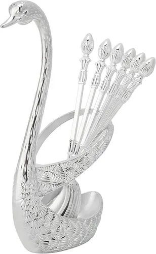 Vista 2 de Kit de cuchara de café con soporte en forma de cisne de aleación de zinc y 6 cucharas de café de acero inoxidable, juego de cucharas de comida
