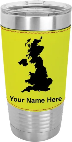 Vista 11 de LaserGram 20oz Vacuum Insulated Tumbler Mug, Country Silhouette United Kingdom, Personalized Engraving Included (Faux Leather, Baseball Style)