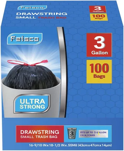 Vista 2 de Feisco Bolsa de basura negra de 3 galones, bolsa de basura con cordón pequeño, 100 unidades, 0.55 mil
