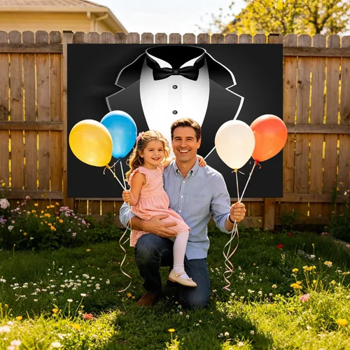 Vista 6 de Telón de fondo para fotos de caballero de 5 x 3 pies para hombre, color negro y blanco, con pajarita para traje de fotografía, fondo de cumpleaños
