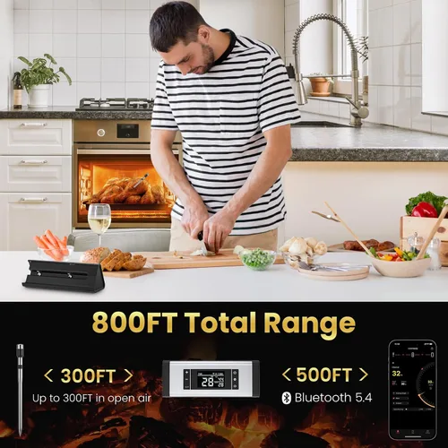 Vista 4 de Termómetro inalámbrico de carne de 800 pies, termómetro digital de cocina con 1 sonda, recargable inalámbrico, función de alarma, termómetro