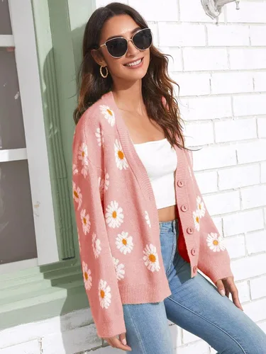 Vista 3 de Cárdigan de punto con estampado floral para mujer, manga larga, con botones y cuello en V