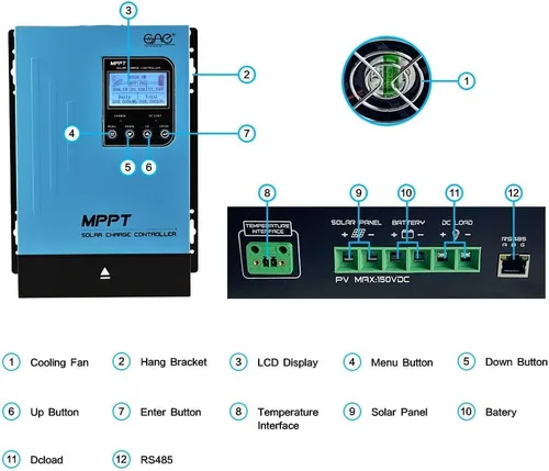 Vista 4 de Controlador de carga solar MPPT 60A 12V24V48V Regulador de batería automático Panel solar Max 150V entrada para baterías de litio, selladas, gel e